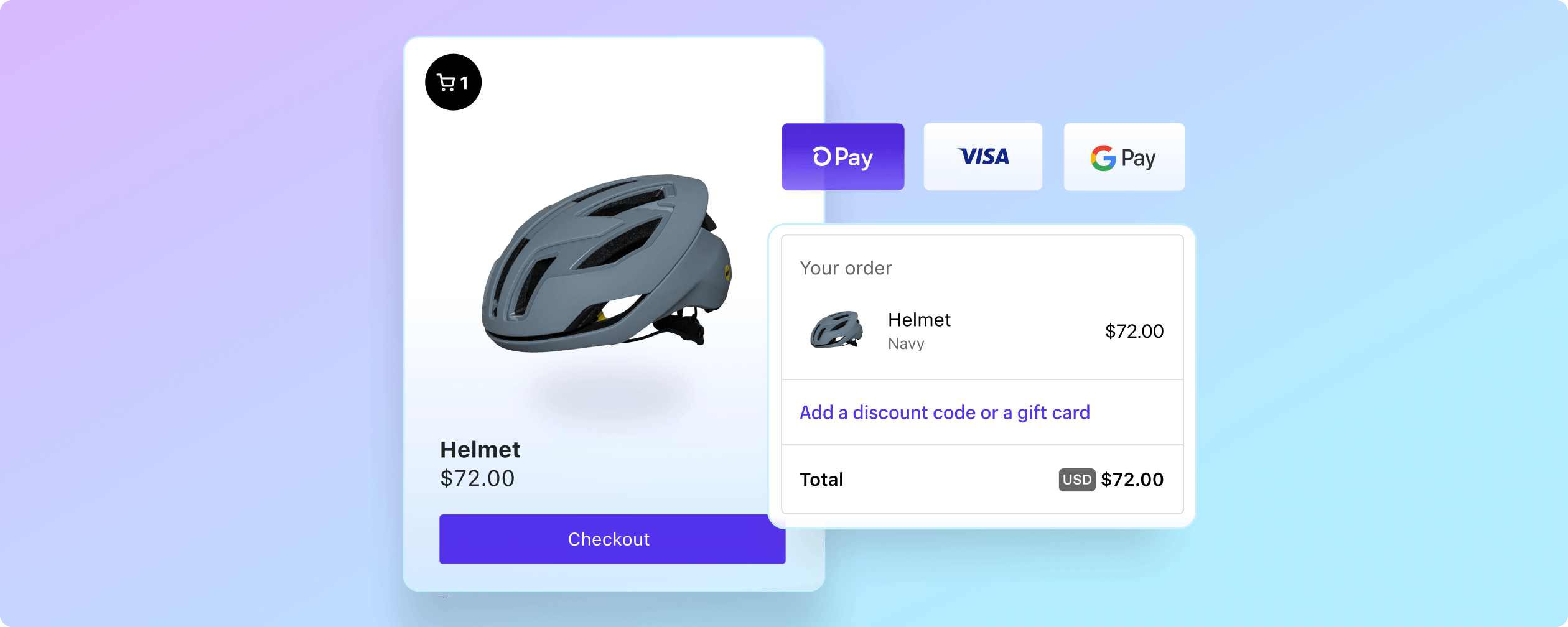 A Shopify checkout screen depicting the purchase of a bicycle helmet, and payment choices with Shop Pay, Visa, and Google Pay.