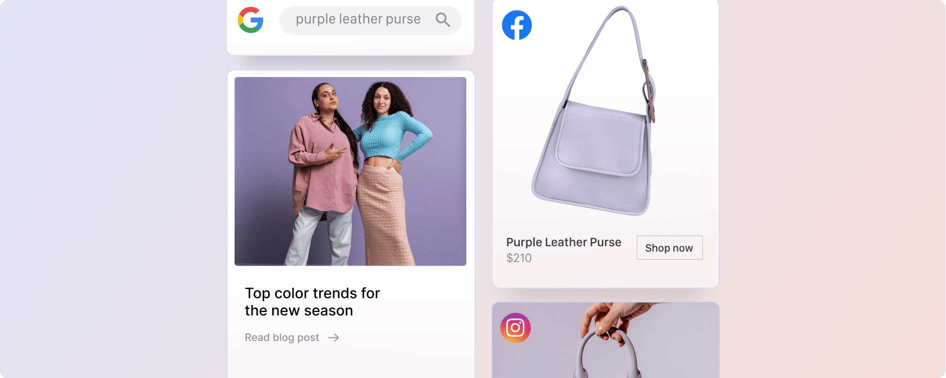 An array of marketing images for a clothing business, depicting a blog preview post alongside ads on Google, Facebook, Instagram.