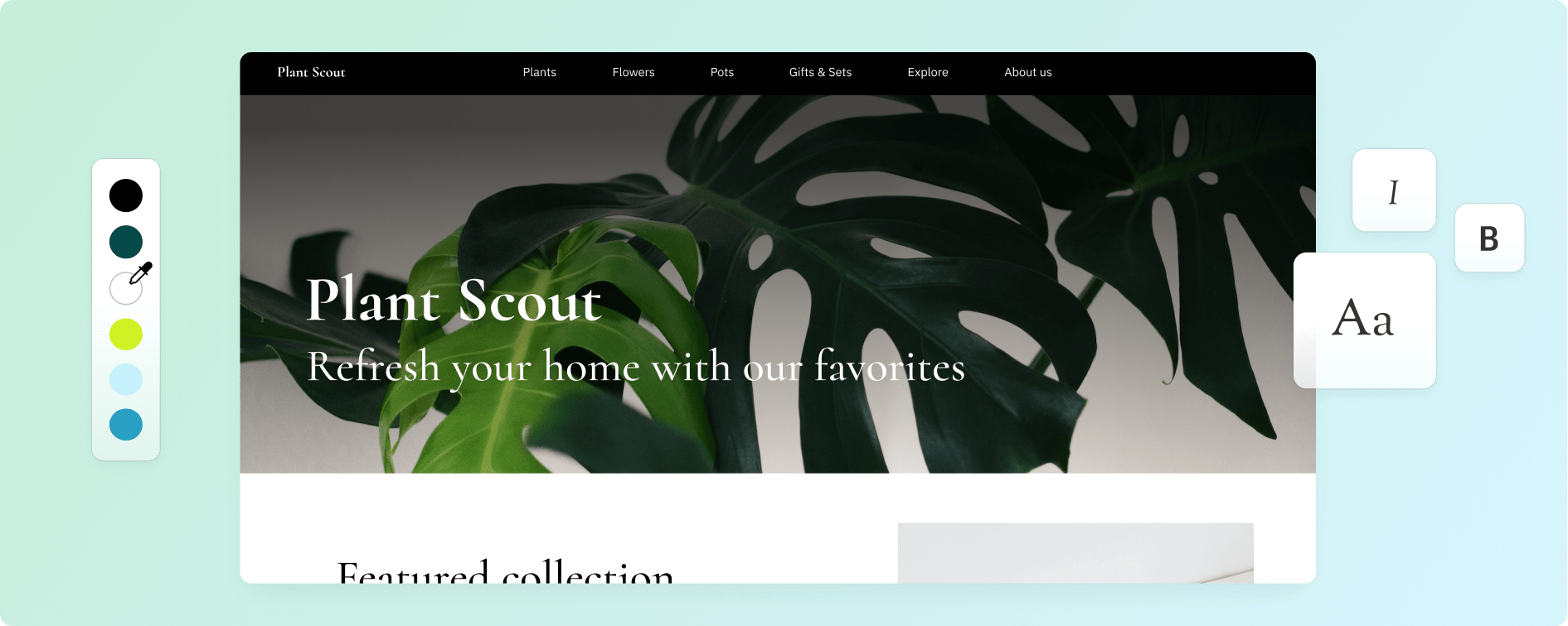 An online store builder with font and color selection tools, building a store that features a large monstera plant.